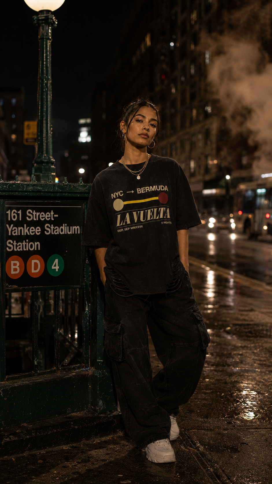 LA VUELTA Subway Sign Tee – NYC Bermuda Vintage Streetwear Oversized Boxy Drop Shoulder Raw Hem Snow Washed Heavyweight Cotton T-Shirt – Latin Takeover NYC Latin Dance Travel Graphic Tee Unisex Men Women