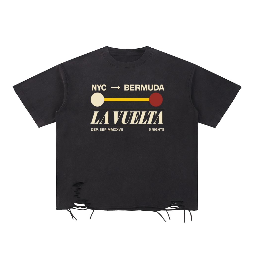 LA VUELTA Subway Sign Tee – NYC Bermuda Vintage Streetwear Oversized Boxy Drop Shoulder Raw Hem Snow Washed Heavyweight Cotton T-Shirt – Latin Takeover NYC Latin Dance Travel Graphic Tee Unisex Men Women
