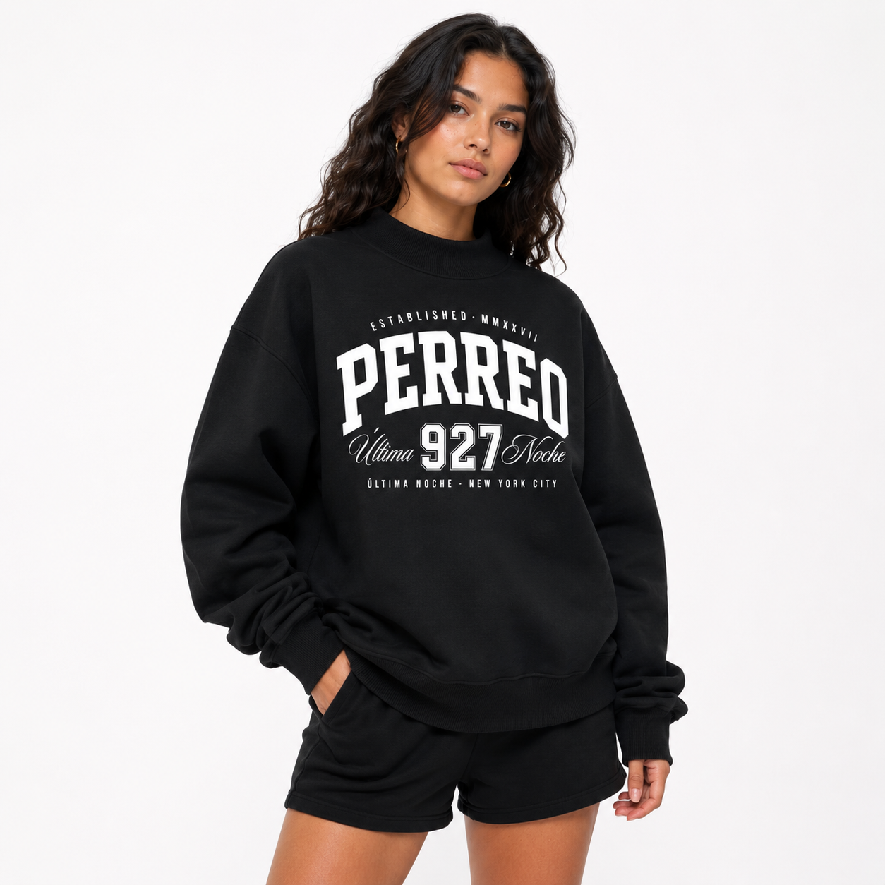 Perreo Ultima Noche Mock Neck Crew Sweatshirt Oversized Women