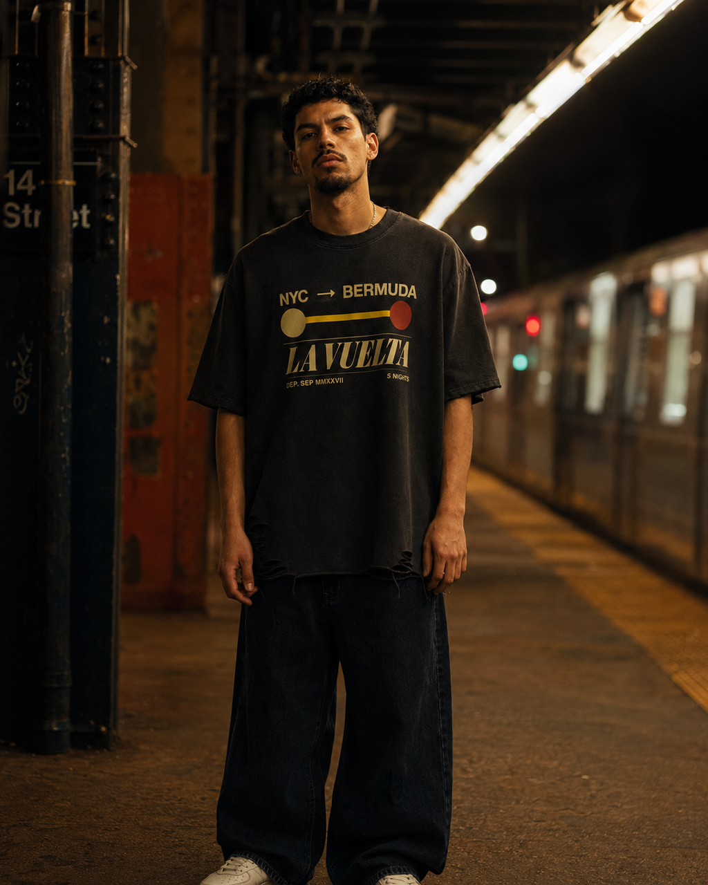 LA VUELTA Subway Sign Tee – NYC Bermuda Vintage Streetwear Oversized Boxy Drop Shoulder Raw Hem Snow Washed Heavyweight Cotton T-Shirt – Latin Takeover NYC Latin Dance Travel Graphic Tee Unisex Men Women
