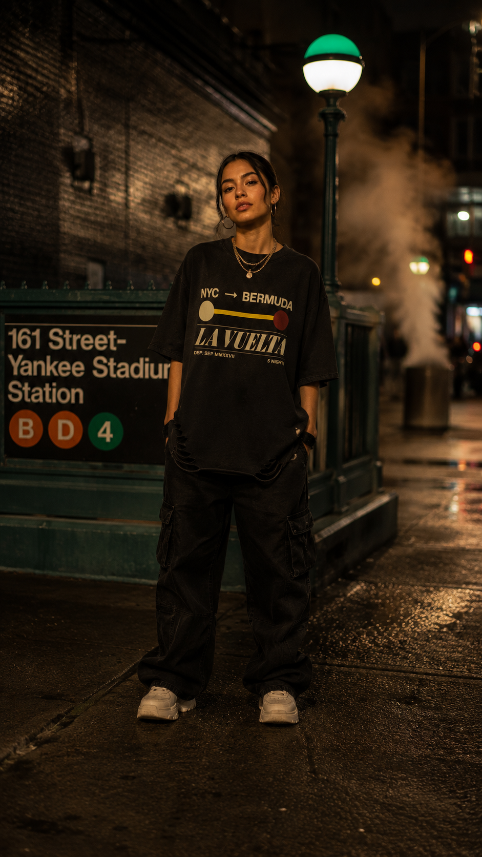 LA VUELTA Subway Sign Tee – NYC Bermuda Vintage Streetwear Oversized Boxy Drop Shoulder Raw Hem Snow Washed Heavyweight Cotton T-Shirt – Latin Takeover NYC Latin Dance Travel Graphic Tee Unisex Men Women