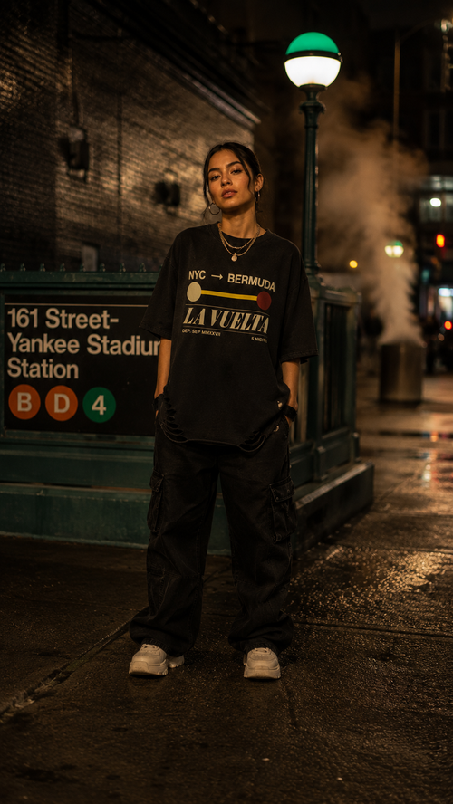 LA VUELTA Subway Sign Tee – NYC Bermuda Vintage Streetwear Oversized Boxy Drop Shoulder Raw Hem Snow Washed Heavyweight Cotton T-Shirt – Latin Takeover NYC Latin Dance Travel Graphic Tee Unisex Men Women