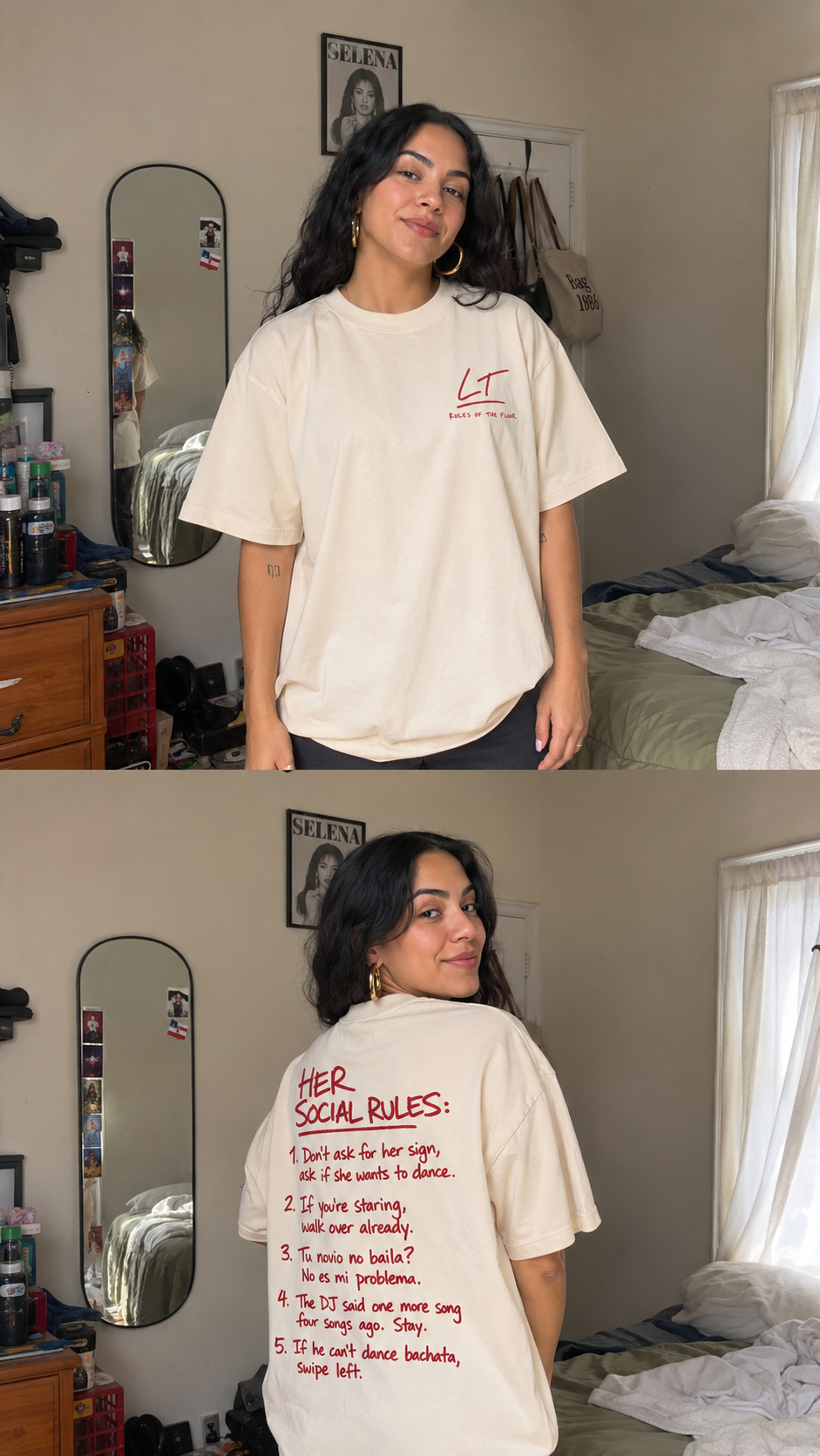 Rules of the Floor Tee HER Edition Oversized Latin Dance Salsa Bachata Shirt Mild Apricot Cotton