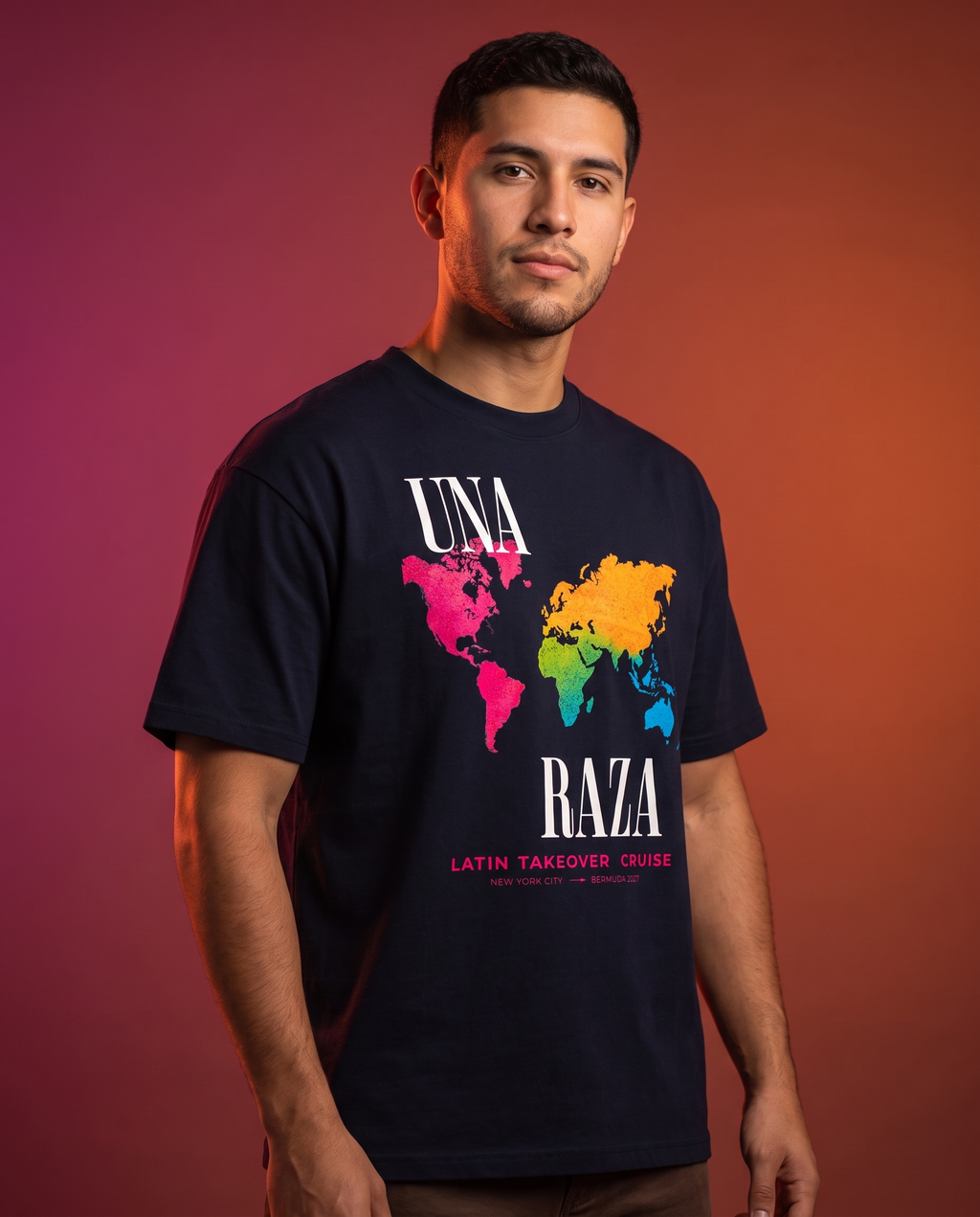 Una Raza Tee worn by model, Latin Takeover sunset studio