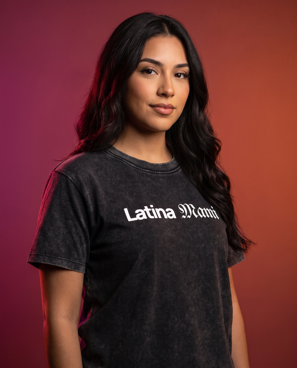 Latina Mami Tee worn by model, Latin Takeover sunset studio