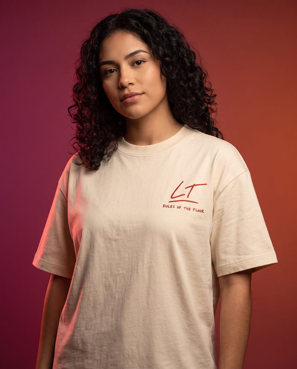 Rules of the Floor Her tee worn by model, Latin Takeover sunset studio