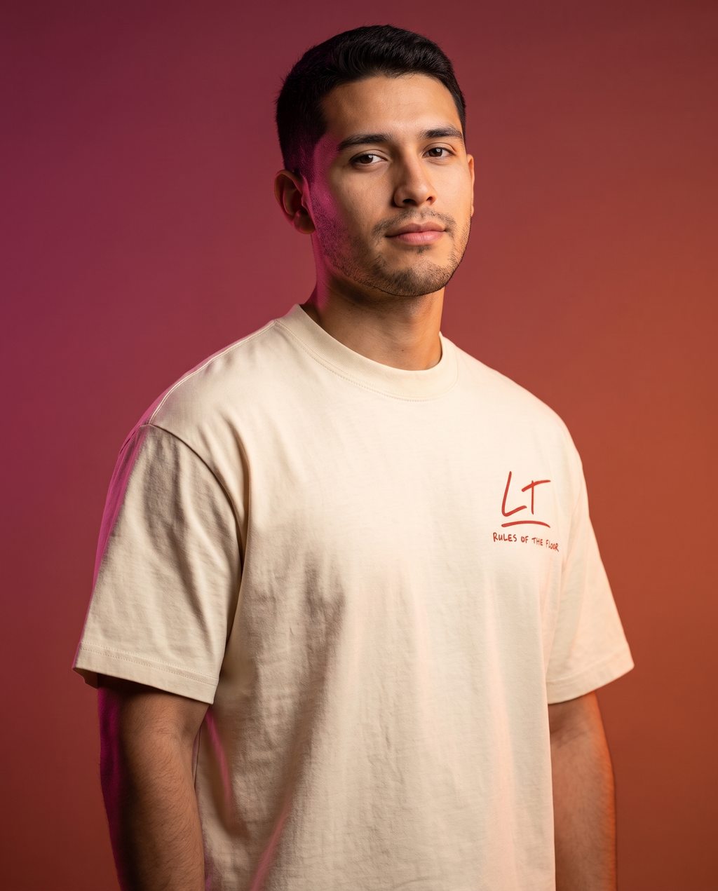 Rules of the Floor His tee worn by model, Latin Takeover sunset studio
