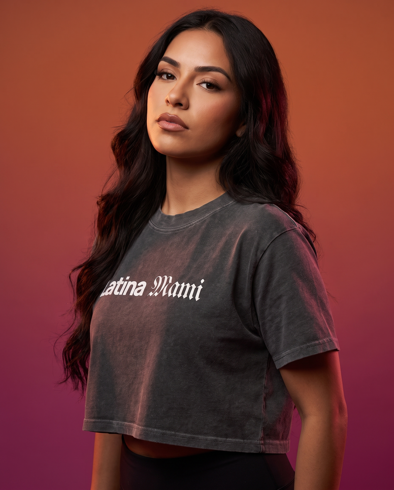 Latina Mami Crop Top worn by model, Latin Takeover sunset studio