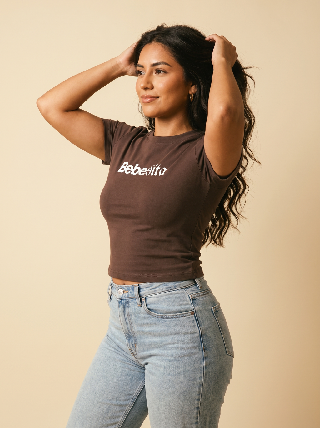 Brown / F — fitted crop silhouette, side view