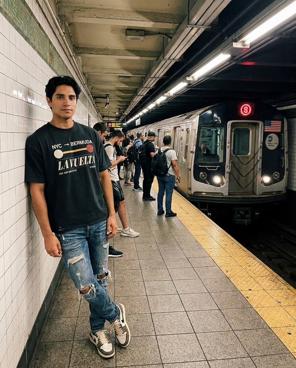 Customer wearing La Vuelta tee on NYC subway platform