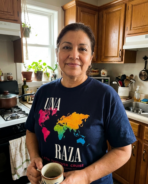 Customer in Una Raza tee in kitchen