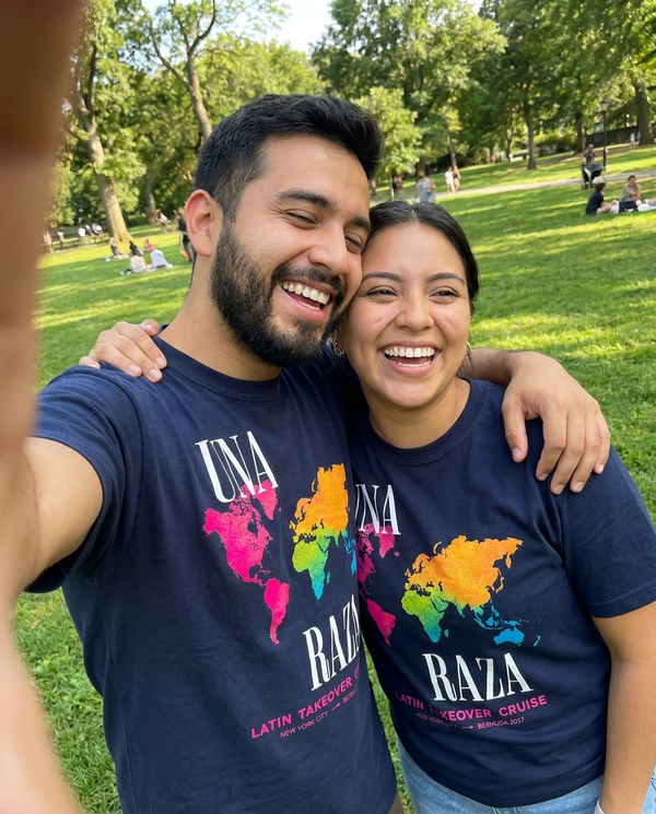 Couple both wearing Una Raza tees in a park